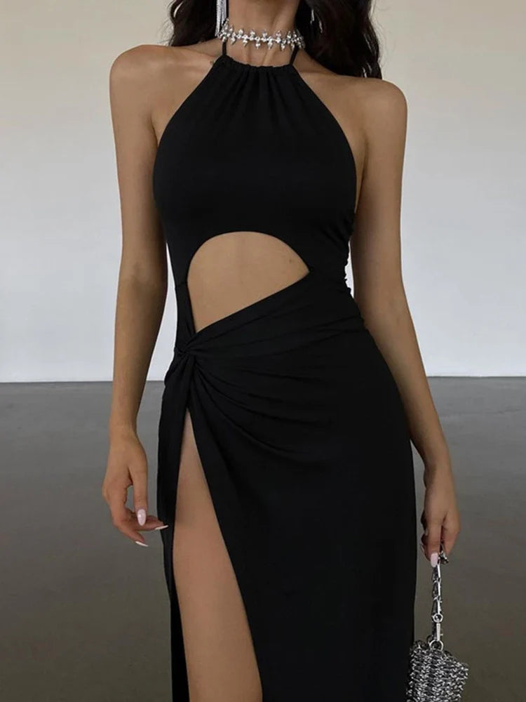 Cryptographic Sexy Cut Out Backless Halter Split Maxi Dress Elegant Fashion Outfits Sleeveless Women Long Dresses Party Vestido