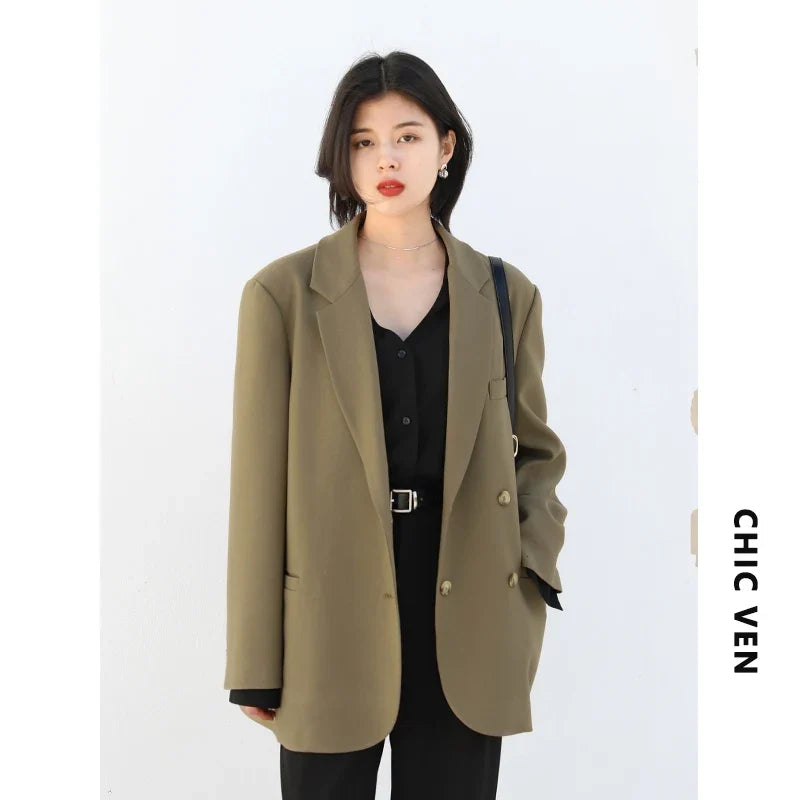 CHIC VEN 2021 Fashion Women's Blazer Office Lady Long Sleeve Double-breasted Mid-length Casual Coat Ladies Outerwear Stylish Top