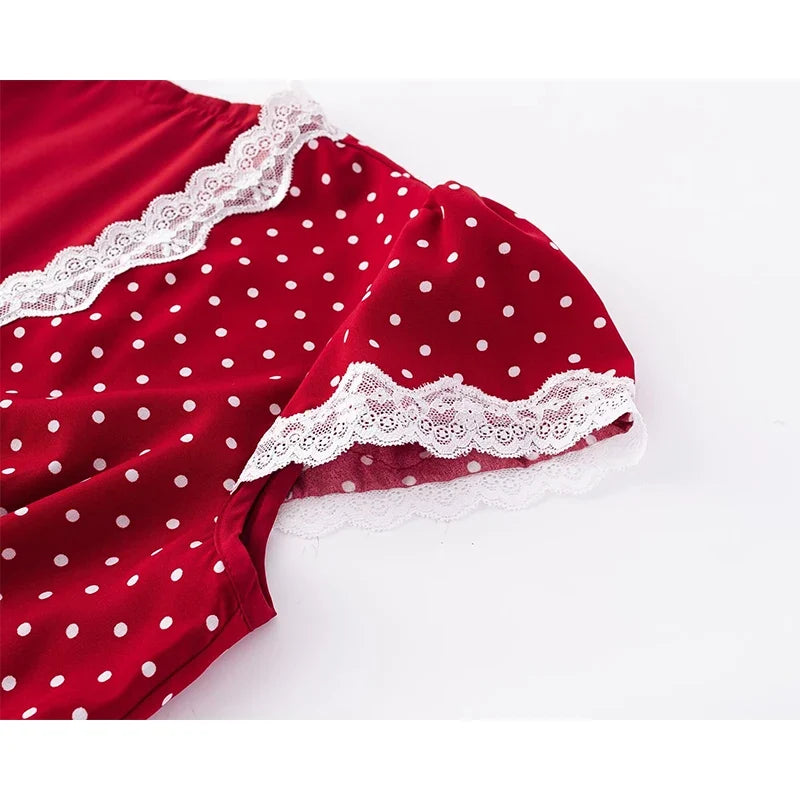YENKYE 2025 Women French Polka Dot Red Dress Sexy Sweet Lace Trim V Neck Short Sleeve A-line Midi Summer Dresses Holiday Robe