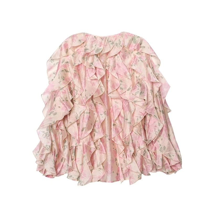 YENKYE Women Elegant Floral Print Chiffon Blouse long Sleeve Lace Up O Neck Cascading Ruffle Summer Lady Shirts Loose Tops