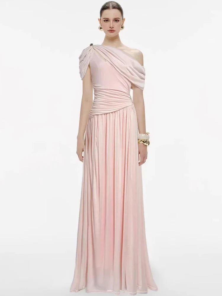 DEAT Elegant Dress Asymmetrical Pleated Long Hollow Out Solid Color Women's Evening Party Dresses 2026 Spring New Tide 35Z4129