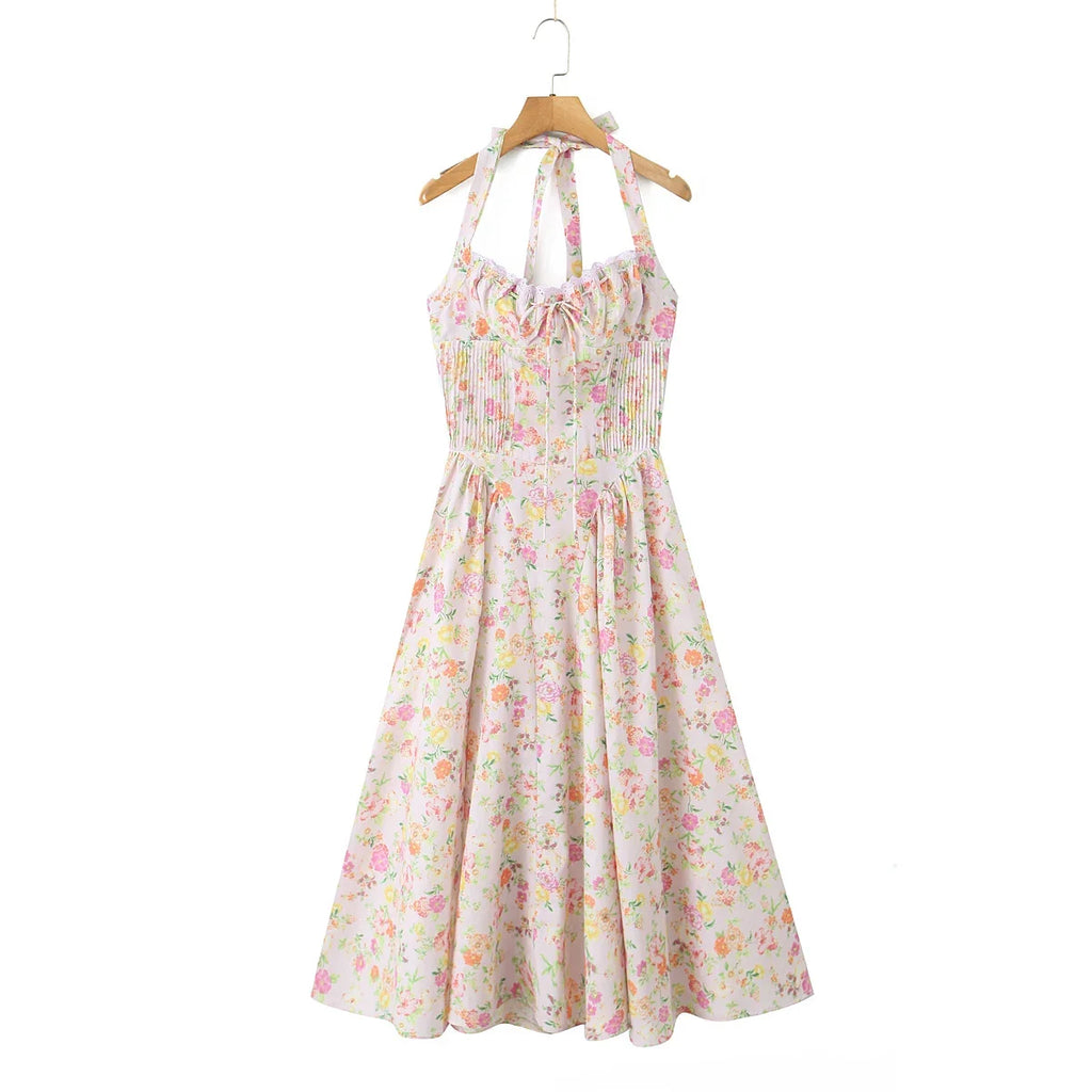 2024 Sexy Pink Corset Style Bow Halter Dress Spliced Lace Drawstring Rope Chest Pleated Slim Low Waist A-lined Swing Midi Robe