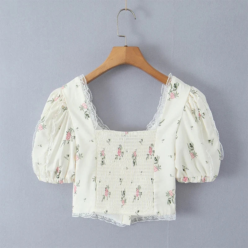 2024 Women Summer Vintage Floral Print Bow Tied Cropped Tank Tops Fashion V-Neck Short Sleeve Female Casual Chic Tops Vestidos
