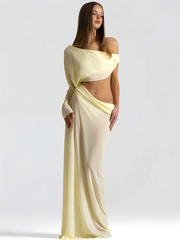 Mozision Off Shoulder Cutout Sexy Maxi Dress Women Elegant Draped Slinky Ruched Bodycon Cocktail Evening Party Dresses Gown