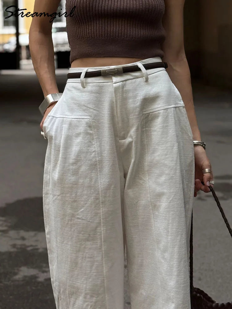 White Cotton Linen Pants Women Wide Leg Formal Trousers Summer Straight Leg Suit Pants High Waist Ladies Formal Pants Loose