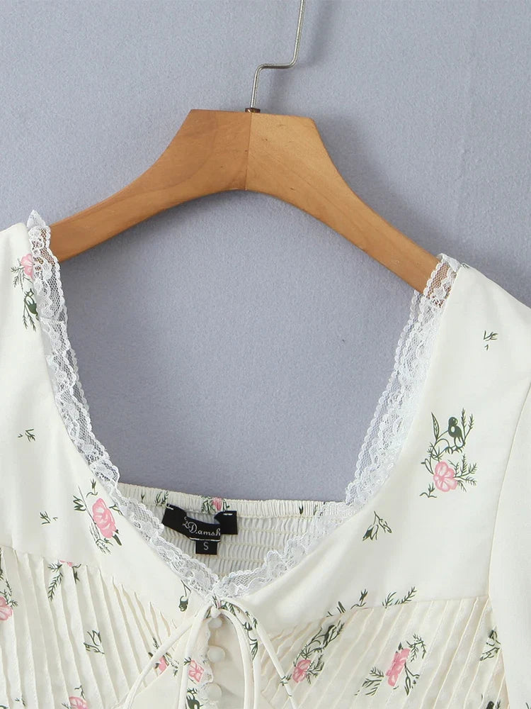 2024 Women Summer Vintage Floral Print Bow Tied Cropped Tank Tops Fashion V-Neck Short Sleeve Female Casual Chic Tops Vestidos