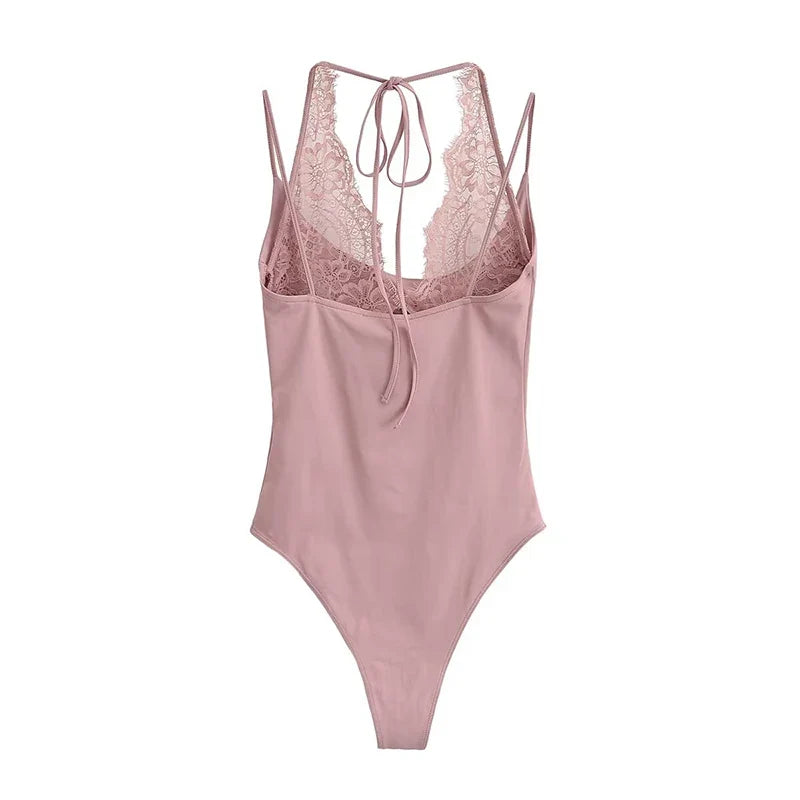 YENKYE Lace Patchwork Sexy Bodysuit Women O Neck Thin Straps Summer Tops