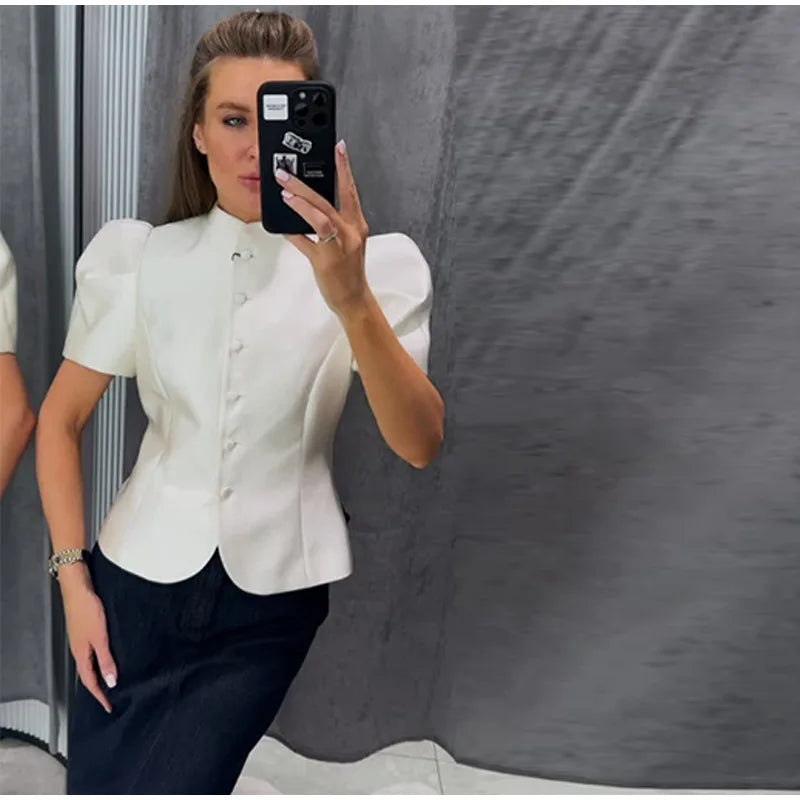 Fashion Street Ruffle Women's Blouse Solid Single Breasted Full Sleeve Pleated Cropped Shirt Lady New Casual Spring Clothing