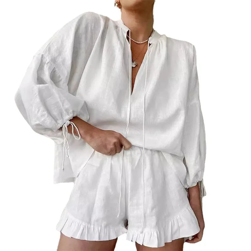 Summer Women's Suit 2-piece Sets For Women Long Puff Sleeves Blouse Loose V-neck Lace Up Summer Outfits Ruffle Shorts Beach Sets