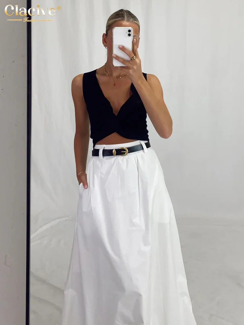 Clacive Fashion Loose White Cotton Women's Skirt 2025 Casual High Waist Long Skirts Elegant Classic Solid Skirt Female Clothing