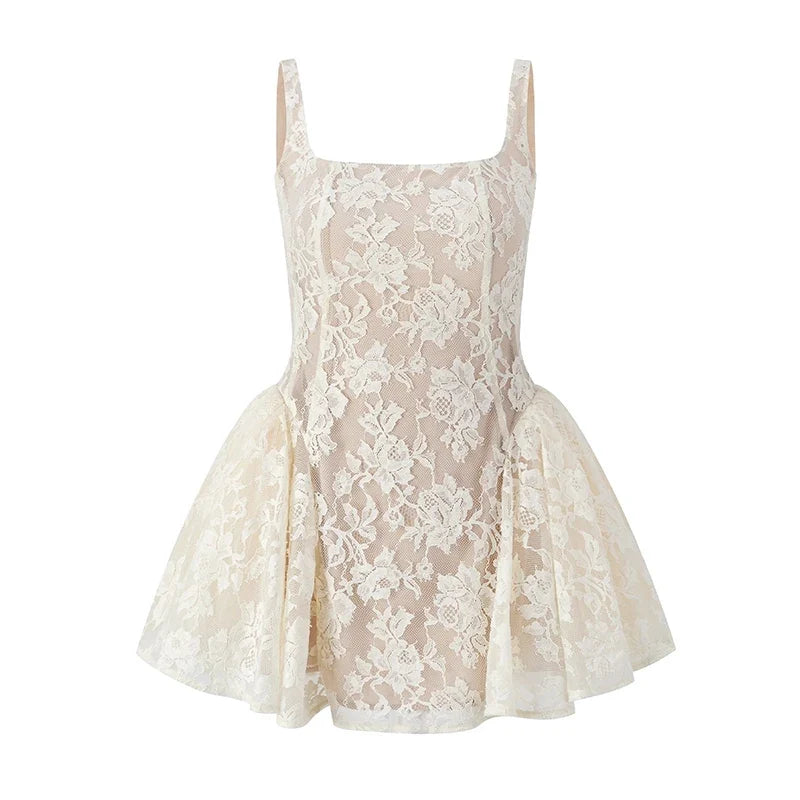 REDDACHiC Medieval Retro Women's Mini Dress Lace Floral Tank Square Neck Puffy Desire One-piece Graduation Party Summer Clothes