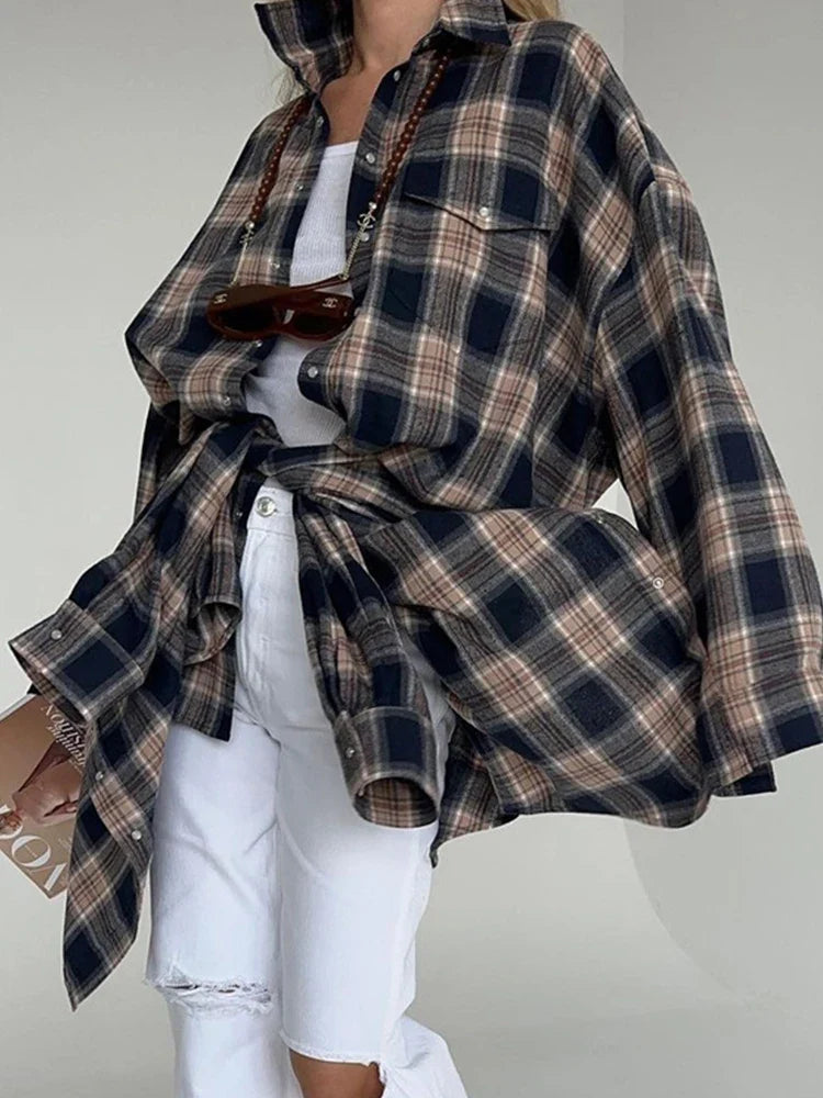 Mumaroho 2024 Women Autumn Winter Long Sleeve Blue Plaid Shirt Vintage Oversized Loose Fit Blouse For Woman