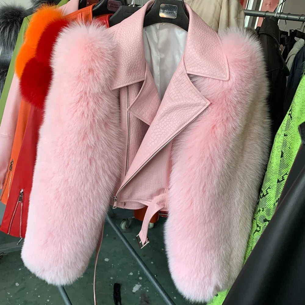 Women Leather Jacket Fur Sleeve Lady Jackets Leather Fur Fox Sleeve Ladies Biker Jacket Leather with Real Fur Sleeve 952-36
