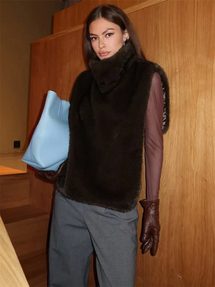 HARLI FAUX FUR TURTLENECK VEST