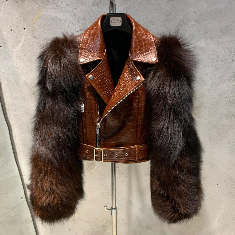 Women Leather Jacket Fur Sleeve Lady Jackets Leather Fur Fox Sleeve Ladies Biker Jacket Leather with Real Fur Sleeve 952-36