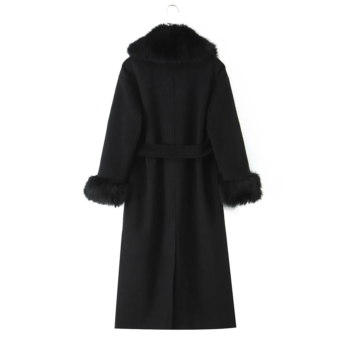 New Autumn Winter Black Shaggy Faux Fur Lapel Collar Woolen Coat Women Bow Sashes Long Sleeve No Button Midi Trench Outerwear