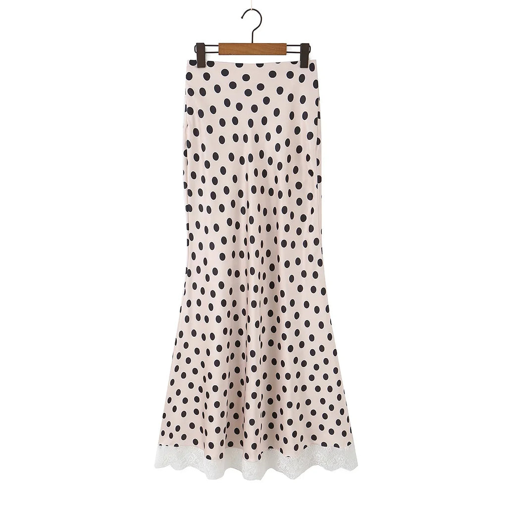 2026 New Women's Polka Dot 2 Piece Outfit V Neck With Scarf Blouse + High Waist Lace Trim Mermaid Maxi Skirt Elegant Vintage Set