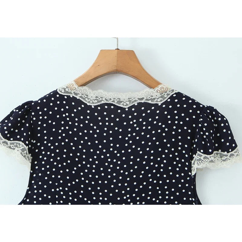 YENKYE 2026 New Women Navy Blue Polka Dot Mini Dress Lace Trim V-Neck Puff Sleeve A-line Summer Dresses Holiday Vestidos