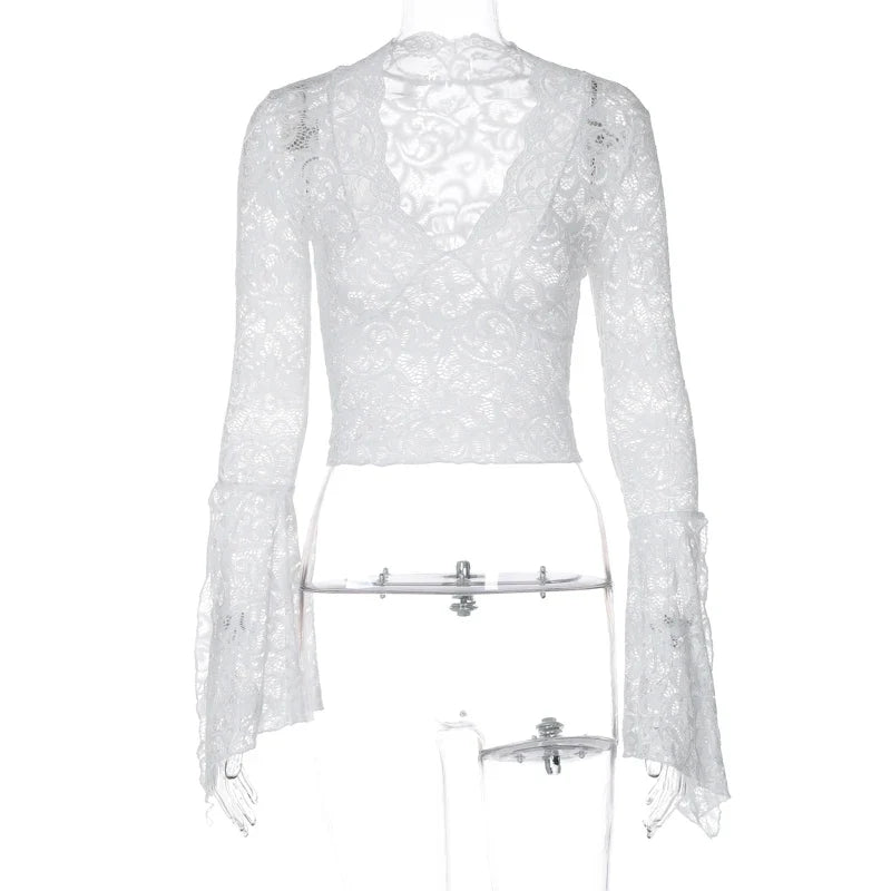 DGLUKE V-Neck Long Sleeve Lace Top Women Sexy Transparent  Crop Top Summer Fall Woman Blouses And Shirts Clubwear