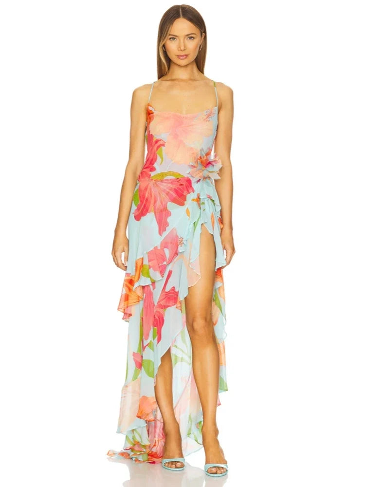 Summer Sexy Spaghetti Strap Printed Ruffles Long Dress Women Pink Sleeveless Backless Flower Dresses Holiday Party Sundress