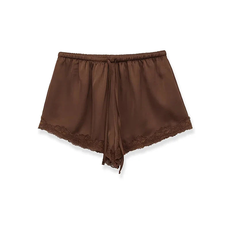 YENKYE New 2026 Women Lace Trim Satin Mini Shorts Elastic Waist With Drawstring Casual Summer Shorts