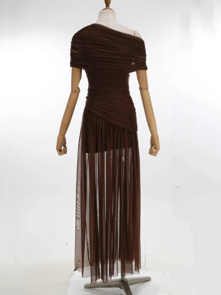 Sexy One Shoulder Ruched Design Long Dress Women Blue Brown Mesh Diagonal Collar Folds Slim Dresses Evening Party Cocktail Gowns