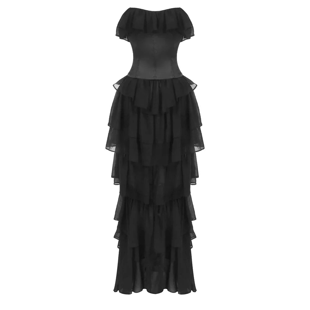 VC Sets For Women 2 Pieces Elegant And Pretty Lace-Up Corset And Slash Neck Long Cake Dress Set Chiffon Female Clothing