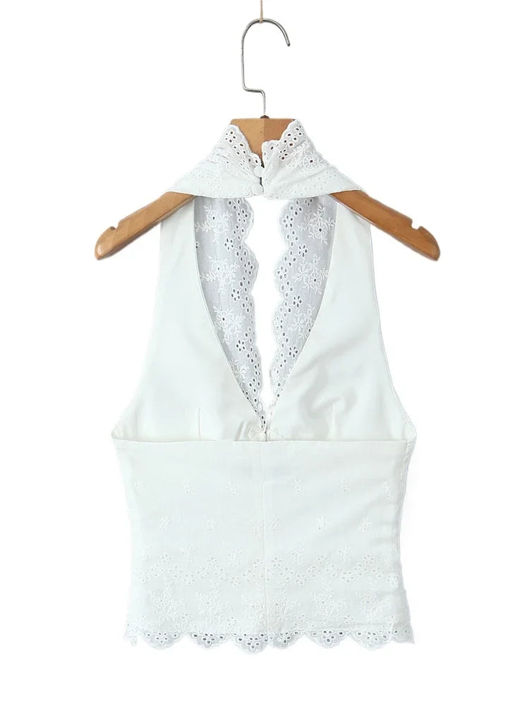 2024 Women Summer Vintage Solid Button Cropped Tank Tops Fashion Halter Neck Sleeveless Backless Female Casual Tops Vestidos
