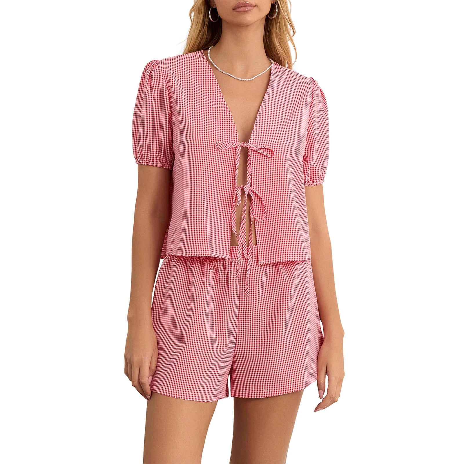 Maemukilabe Y2K Vintage Plaid Outfit Loose V Neck Puff Sleeve Front Tie-Up Blouse Top + Shorts Women 2 Piece Lounge Matching Set