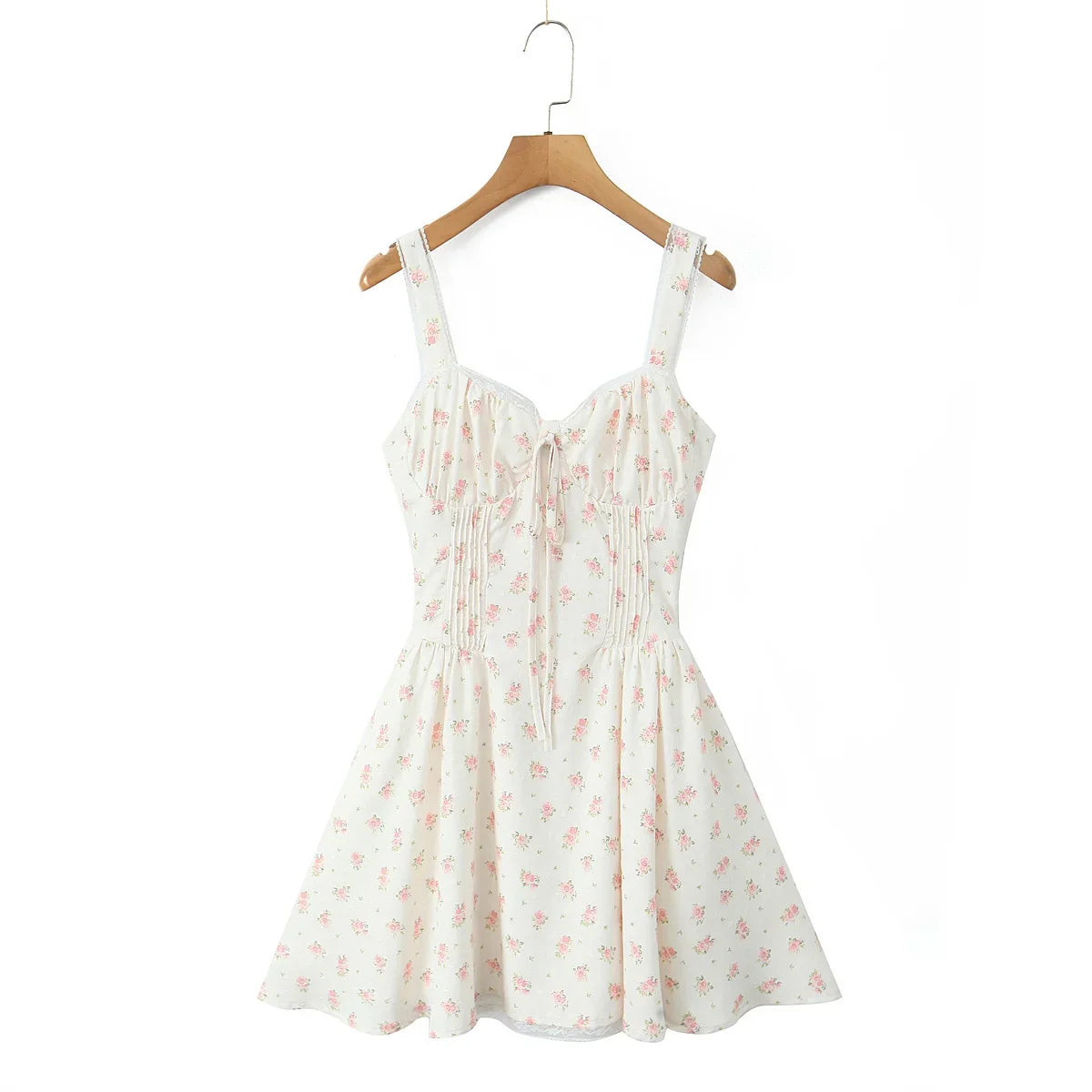 YENKYE Elegant Women Lace Patchwork Floral Print Sling Mini Dress Sleeveless Low Waist A-line Holiday Party Dresses Summer Robe