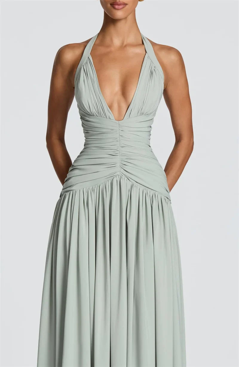 Mozision Halter Deep V Neck Sexy Maxi Dress Women Elegant Off-shoulder Sleeveless High Split Pleated Club Party Long Dress