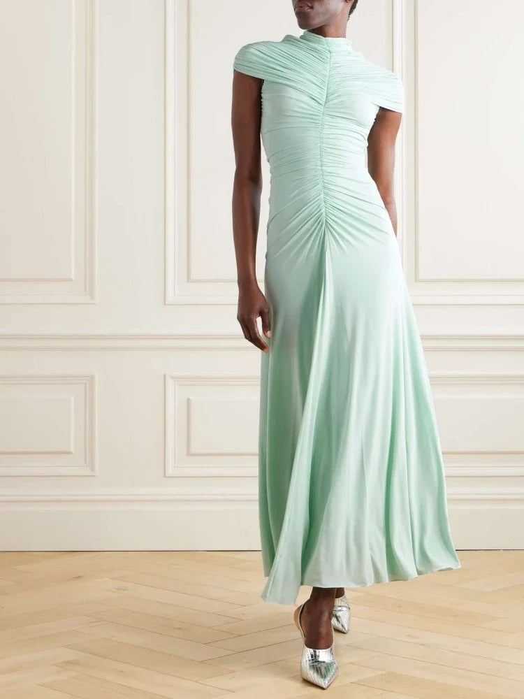 New Sexy O Neck Folds A-line Long Dress Women Short Sleeves Ruched Draped Dresses Elegant Evening Party Gowns