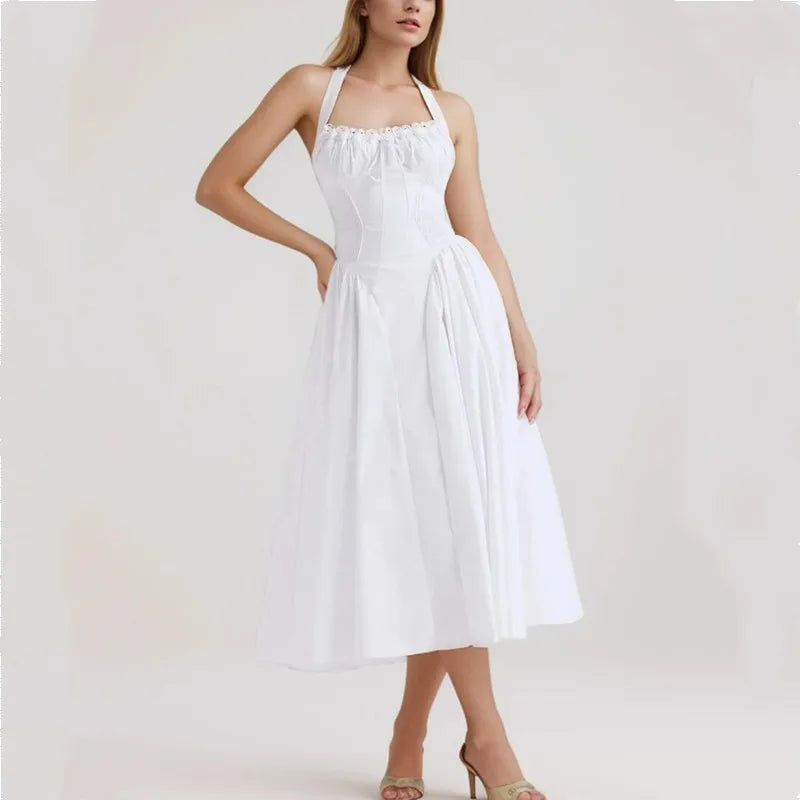 2024 Sexy Pink Corset Style Bow Halter Dress Spliced Lace Drawstring Rope Chest Pleated Slim Low Waist A-lined Swing Midi Robe