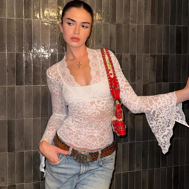 DGLUKE V-Neck Long Sleeve Lace Top Women Sexy Transparent  Crop Top Summer Fall Woman Blouses And Shirts Clubwear
