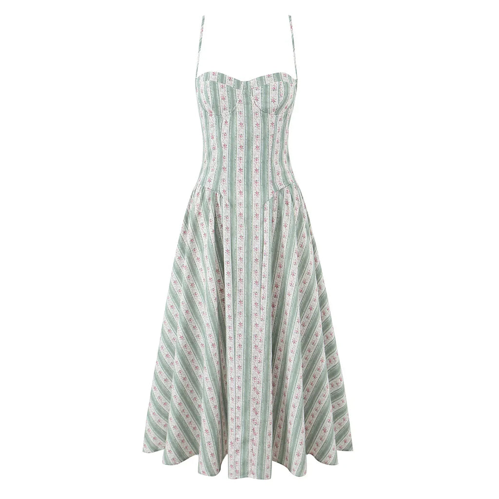 YENKYE Green Striped Floral Print Sexy Spaghetti Straps Dresses Women Elegant A-line Midi Vacation Party Dresses Summer Robe