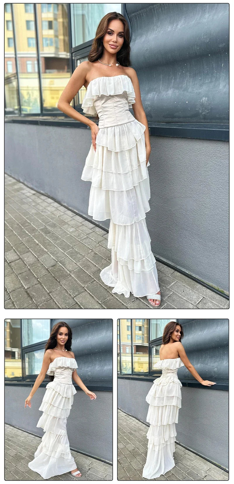 VC Sets For Women 2 Pieces Elegant And Pretty Lace-Up Corset And Slash Neck Long Cake Dress Set Chiffon Female Clothing