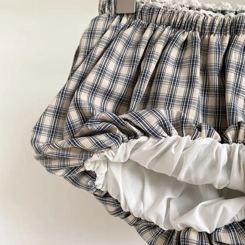 Womens Plaid Bubble Shorts Elastic Waist Bloomer Shorts Casual Short Pants Summer Streetwear