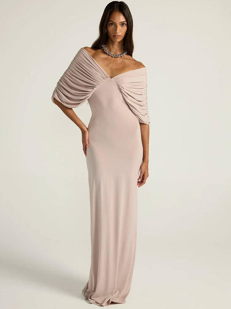 Mozision Women Off-shoulder Ruched Sexy Maxi Dress Elegant Deep V Neck Draped Sleeve Bodycon Club Party Long Dresses Female