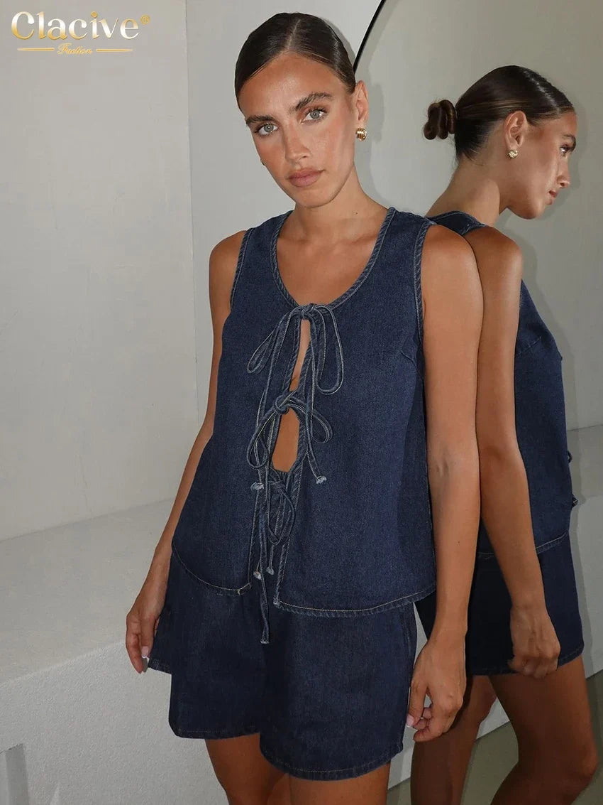 Clacive Summer Loose Blue Denim 2 Piece Sets Women Outfit 2025 Fashion Sleeveless Tank Top With High Waist Shorts Set Streetwear