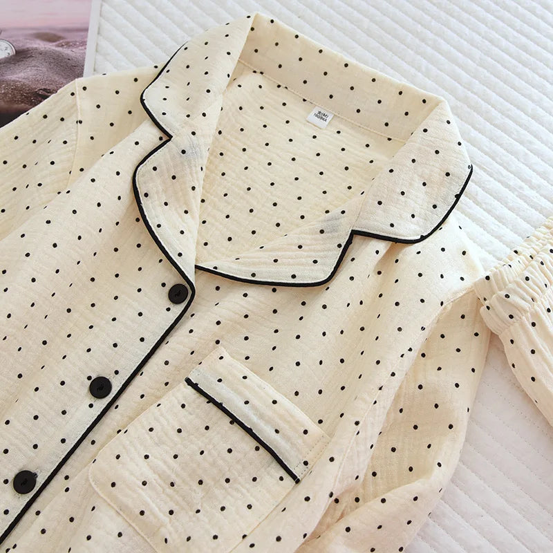 100% Cotton Gauze Women Pajamas Polka Dot Print Sleepwear 2025 Spring Female 2 Piece Set Nightwear Lady Pyjamas Loungewear