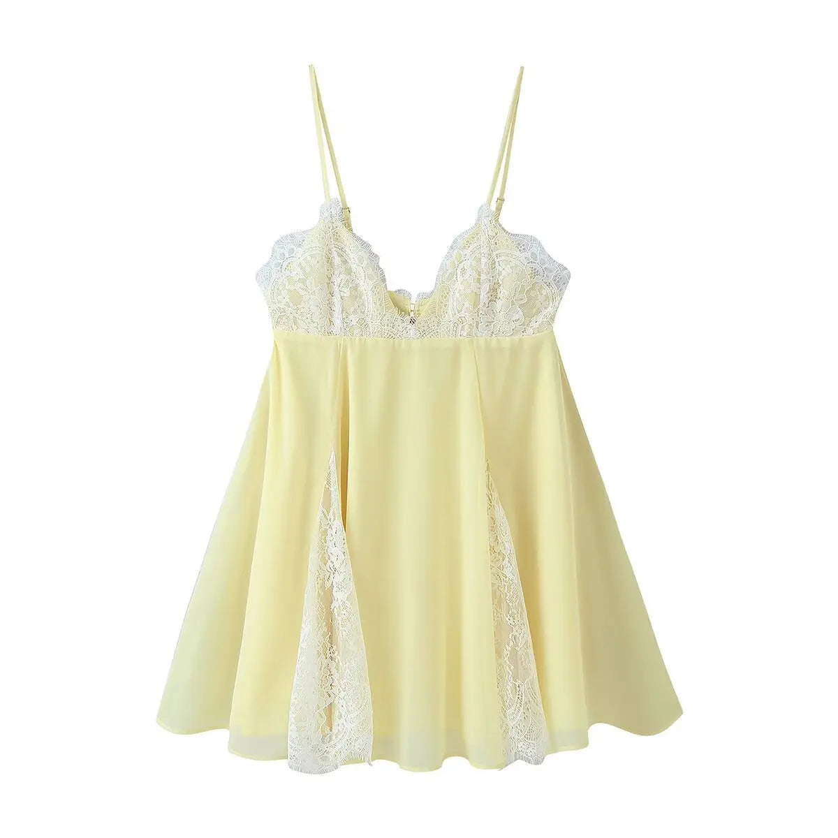 YENKYE New 2026 Sexy Spaghetti Straps Lace Trim Yellow Short Dresses Women V Neck A-line Beach Holiday Summer Vestidos