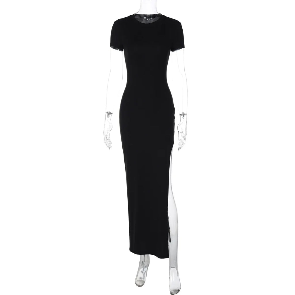 Cryptographic Round Neck Short Sleeve Sexy Bodycon Long Dress Summer Outfits for Women Casual Split Black Dresses Solid Clothes