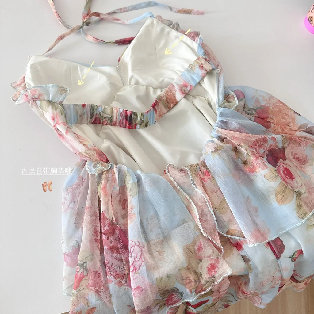 Summer French Vintage Mini Fairy Chiffon Floral Lantern Sleeve Dress Women Mori Romantic Frock Evening Court One-Piece Gyaru New
