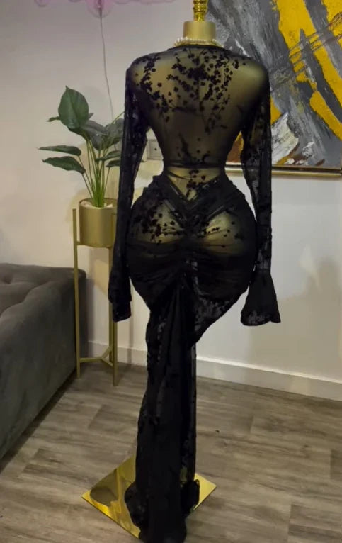CM.YAYA Women Long Sleeve Stacked Mesh See Though with Lining Bodycon Long Dress 2025 Autumn Evening Birthday Sexy Party Dresses