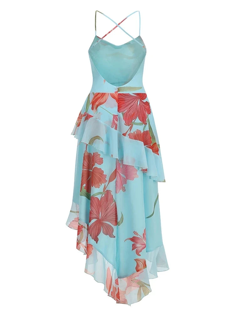 Summer Sexy Spaghetti Strap Printed Ruffles Long Dress Women Pink Sleeveless Backless Flower Dresses Holiday Party Sundress