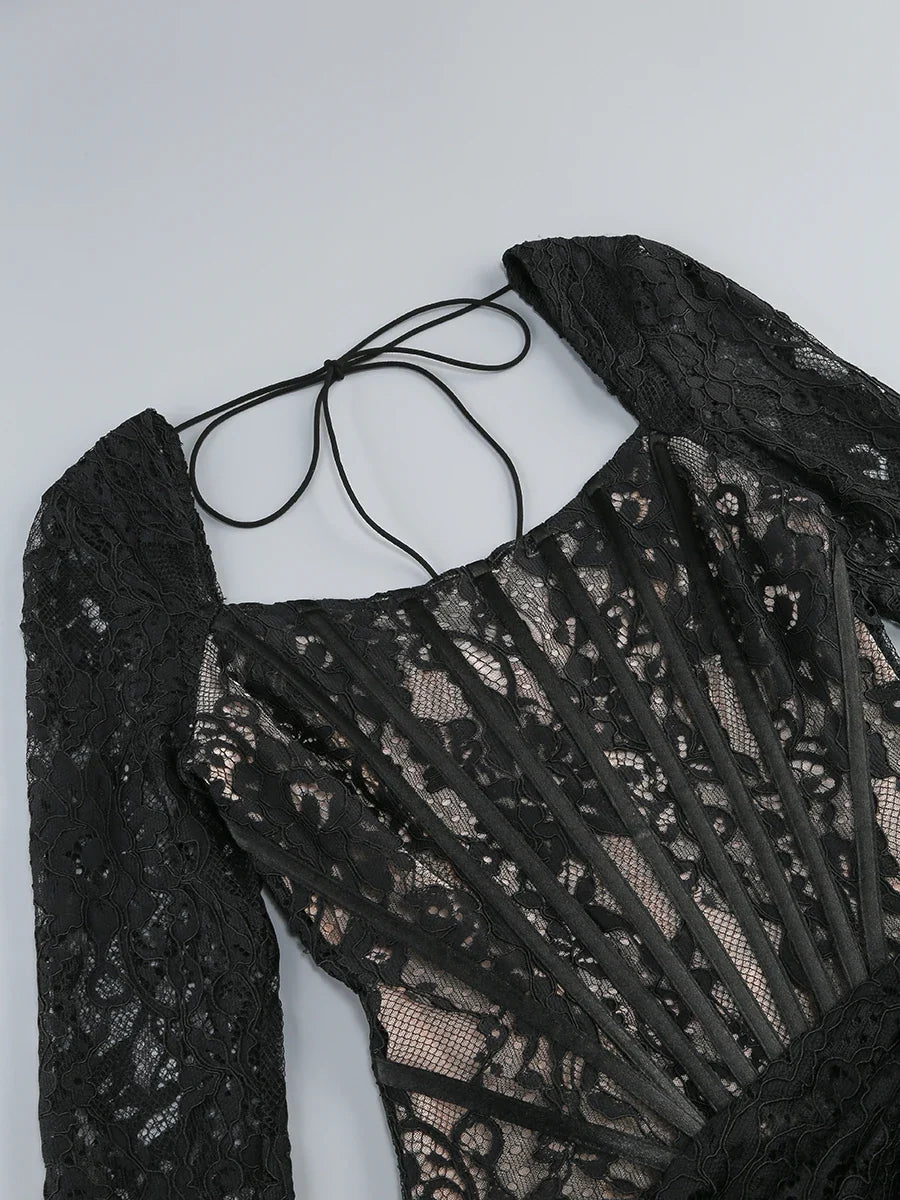 Sexy Long Sleeve Lace Corset Draped Mini Dress Women Black Square Collar Backless Ruched Bodycon Celebrity Party Runway Dress