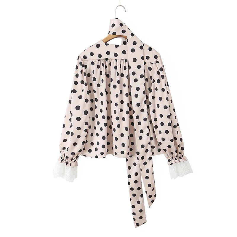 2026 New Women's Polka Dot 2 Piece Outfit V Neck With Scarf Blouse + High Waist Lace Trim Mermaid Maxi Skirt Elegant Vintage Set