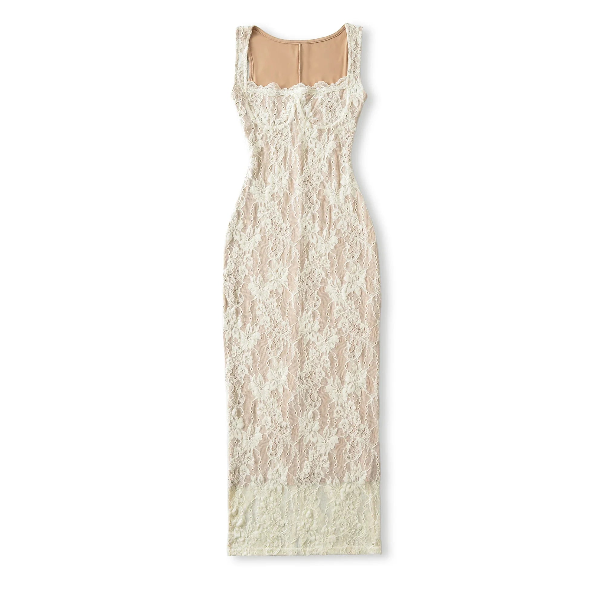 Women Sexy See Through Lace With Lining Sleeveless Dress Square Collar Bra Chest Package Hips Back Slit Long Dresses Robe