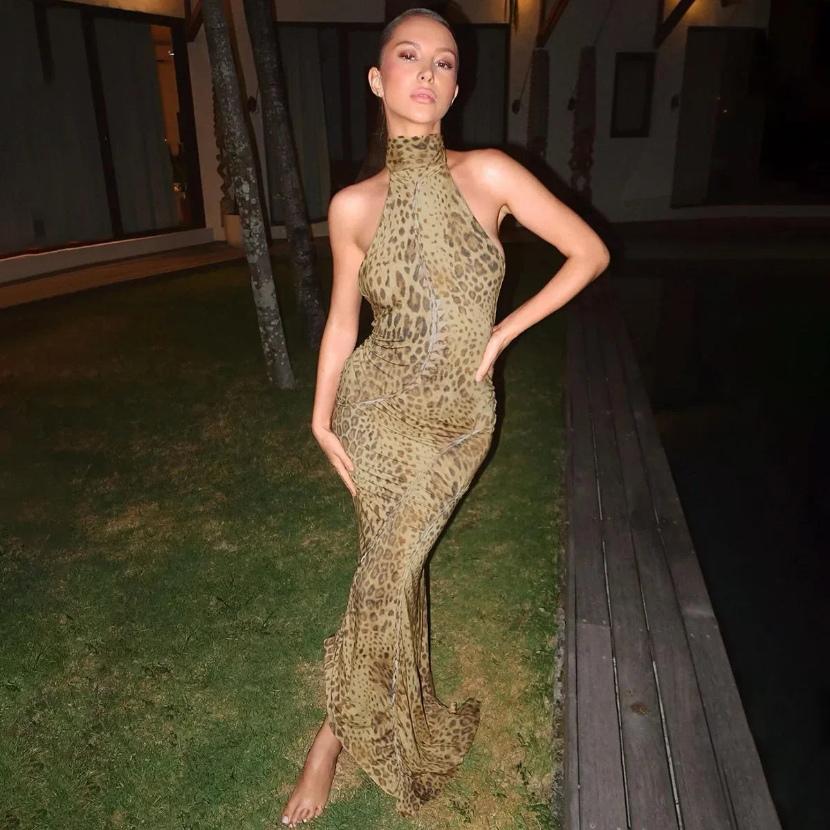 Cryptographic Fashion Halter Leopard Sexy Backless Maxi Dress Women Club Outfits Bandage Embellished Long Dresses Robe Clothes