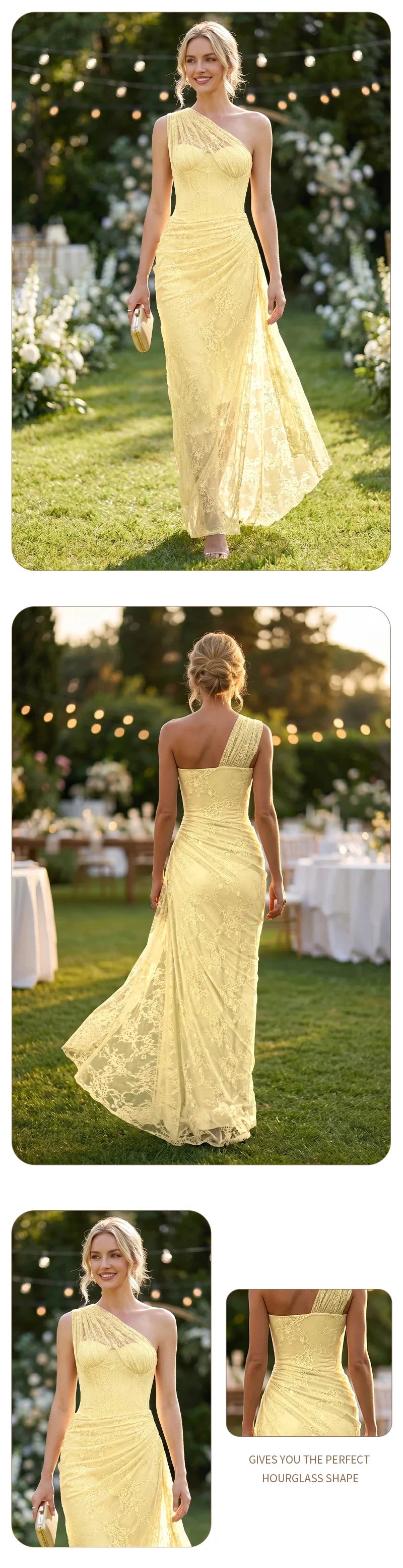 VC 2026 Yellow One Shoulder Corset Lace Maxi Dress For Women Side Ruched High Slit Wedding Guest Bridesmaid Formal Dress